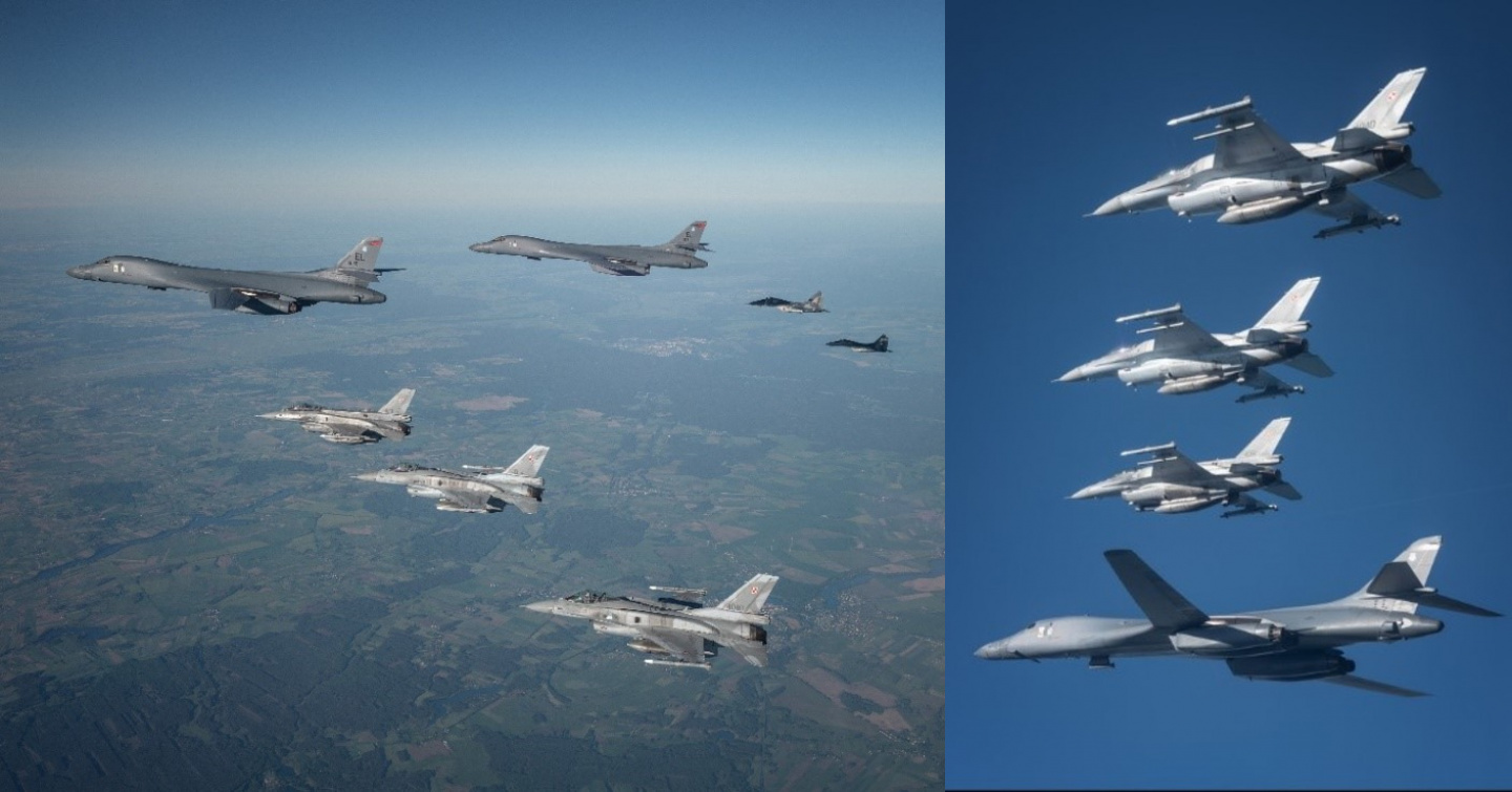 Aeroplanët polakë F-16 dhe MiG-29 shoqërojnë bombarduesit B-1B Lanser gjatë misionit për stërvitjen Forca Speciale Bombarduese Evropë (Bomber Task Force Europe), 29 maj 2020.